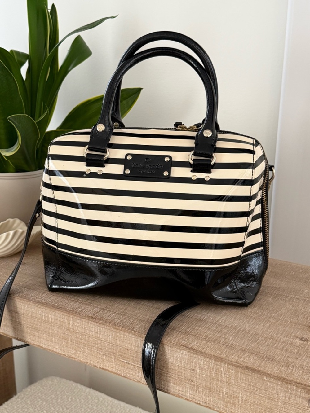 kate spade Black & Cream Striped Patent Satchel with Black Trim